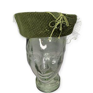 Vintage Firenze Made In Italy Sonni California Olive Green Netted Pill Box Hat
